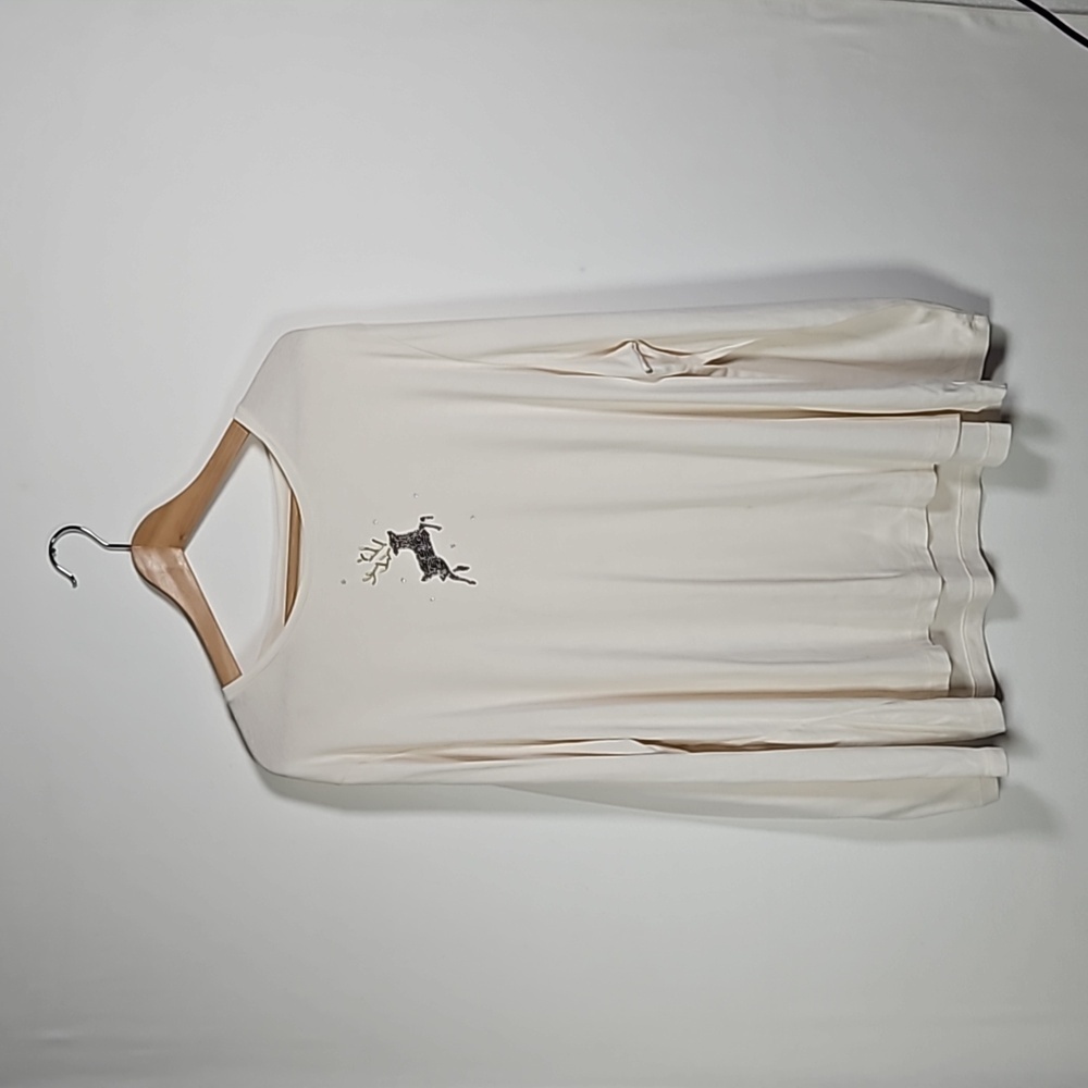 Talbots Womens Longsleeve Top 3X Cream Holiday Beadwork Stars Reindeer Christmas